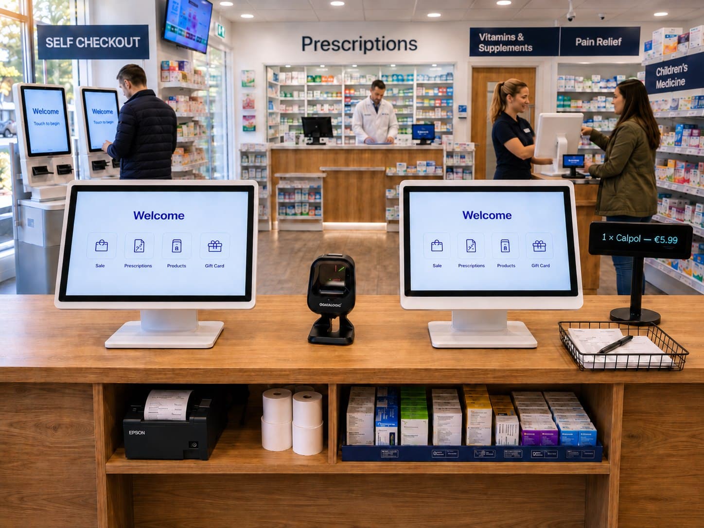 POS terminals, self-checkout kiosks, scanner and receipt printer deployed at a pharmacy counter